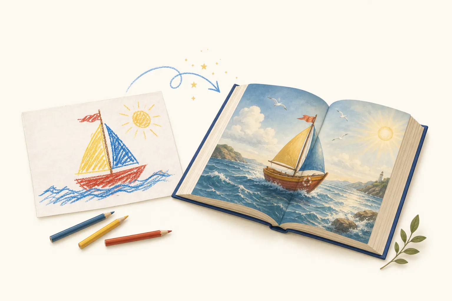 A child’s drawing becoming a finished storybook page