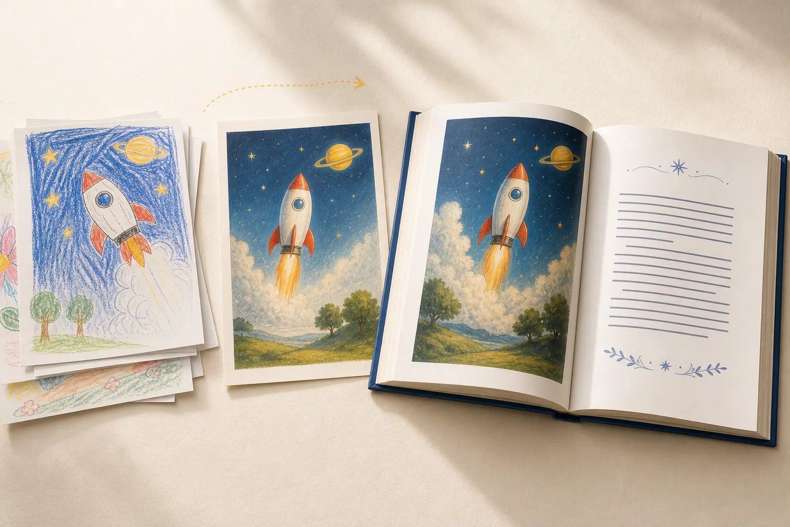 Dibujos infantiles que se convierten en páginas ilustradas y luego en un libro DrawnMagic impreso